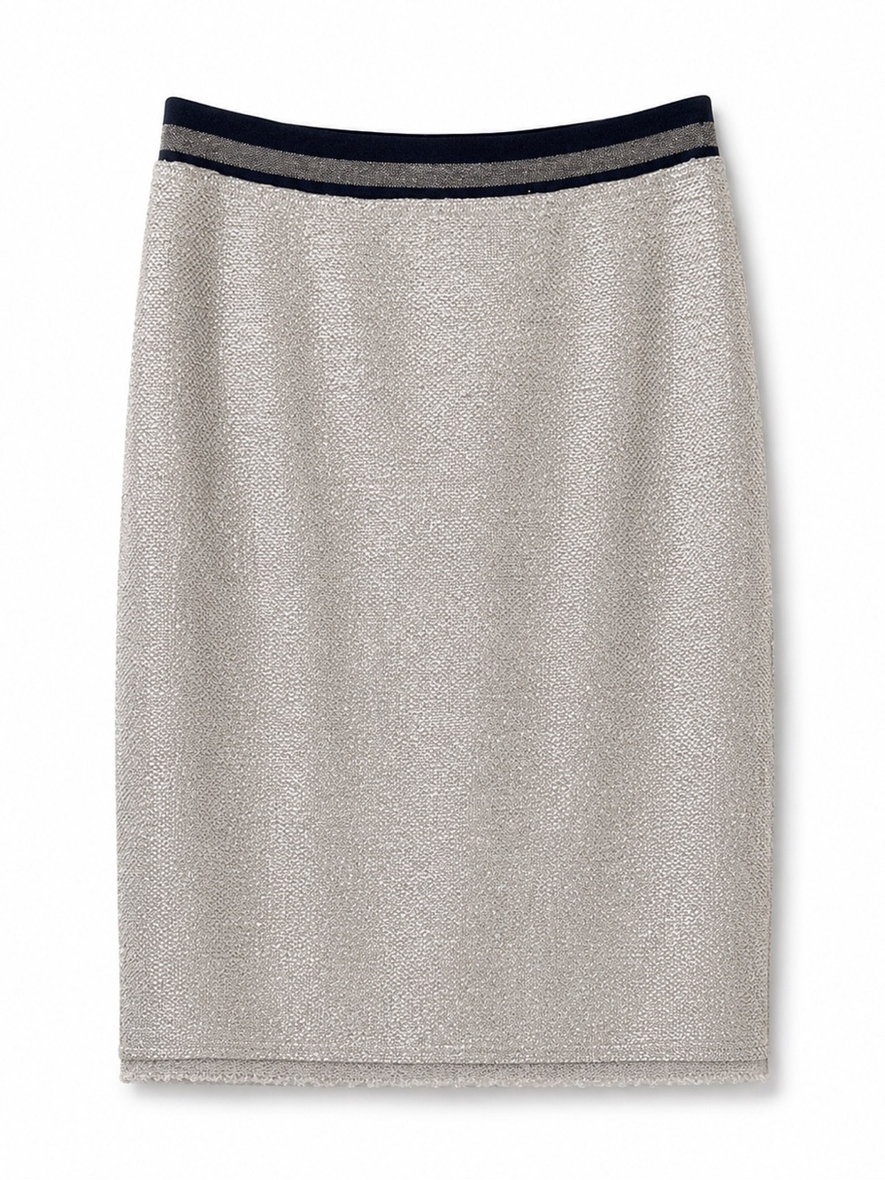 Le Supurbe Metallic Silver Tweed Pencil Skirt with Navy Waistband